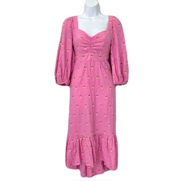 Farm Rio Pink Embroidered Pineapples Puff Sleeve Midi Linen Blend Dress, Size S - Picture 2 of 8